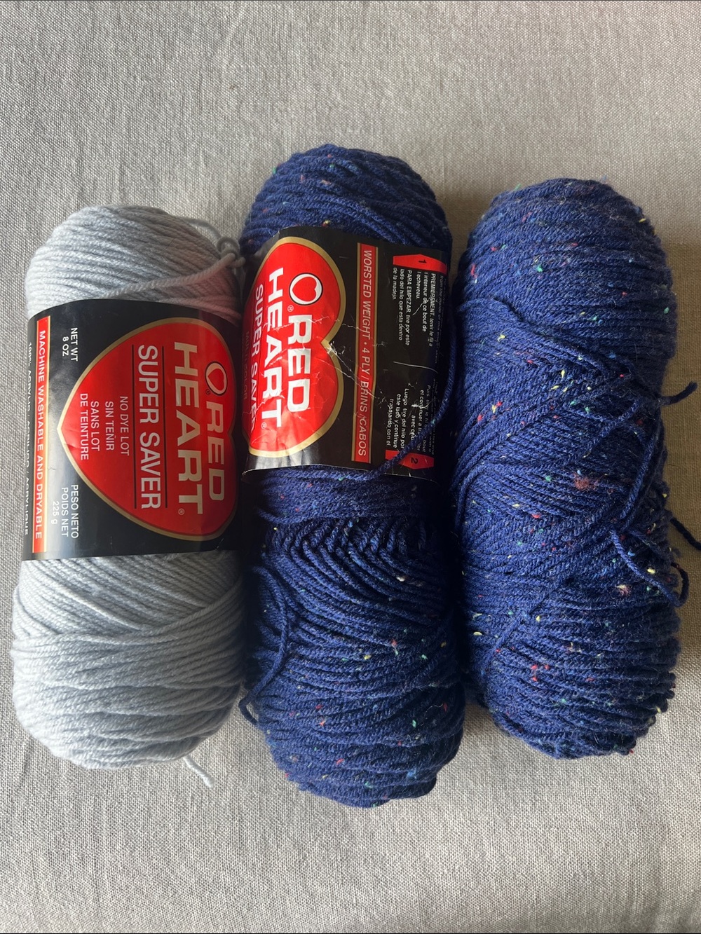Red Heart Super Saver & Navy Tweed Yarn - Light Gray and Navy Speckle
